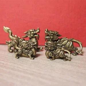 1 Pair Pure Brass Chinese Mythological Animal Lion Dragon Lucky Pixiu Figurine EDC Tools & Brass Collectibles