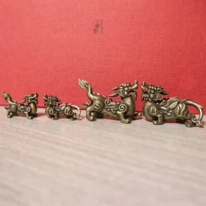 1 Pair Pure Brass Chinese Mythological Animal Lion Dragon Lucky Pixiu Figurine EDC Tools & Brass Collectibles