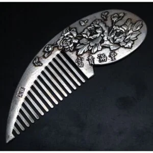 Handwork Collectible Tibetan Silver Carved Flower Wealth Comb Hair Tool Ornament EDC Tools & Brass Collectibles