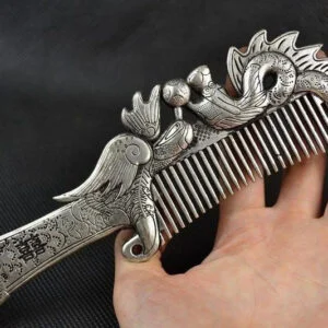Handwork Collectible Miao Silver Carved Dragon Phoenix Comb Hair Tool Ornament EDC Tools & Brass Collectibles