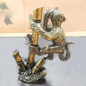 Solid Brass Monkey Bamboo Pole Tea Pet Ornament Zodiac Animal Monkey Figurine EDC Tools & Brass Collectibles